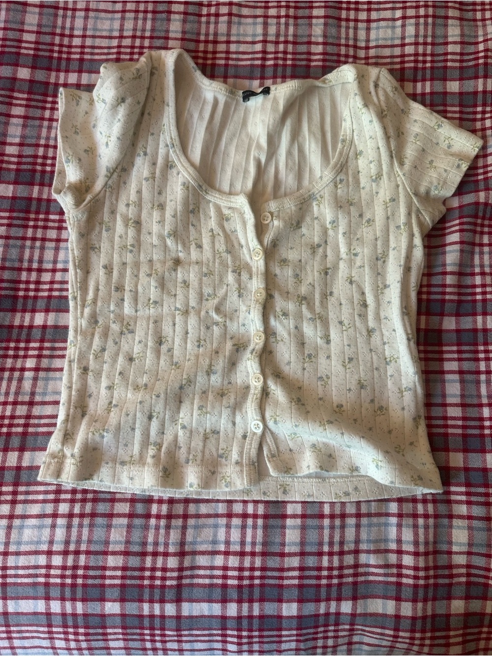 Brandy Melville Cream Floral Rib-Knit Button Front Top